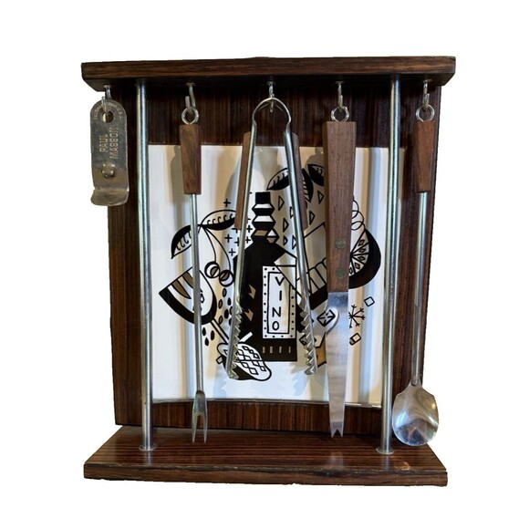 MCM Bar Tool Set Caddy Tile Cutting Board Vintage All Original w/ Paul Masson - Picture 1 of 13